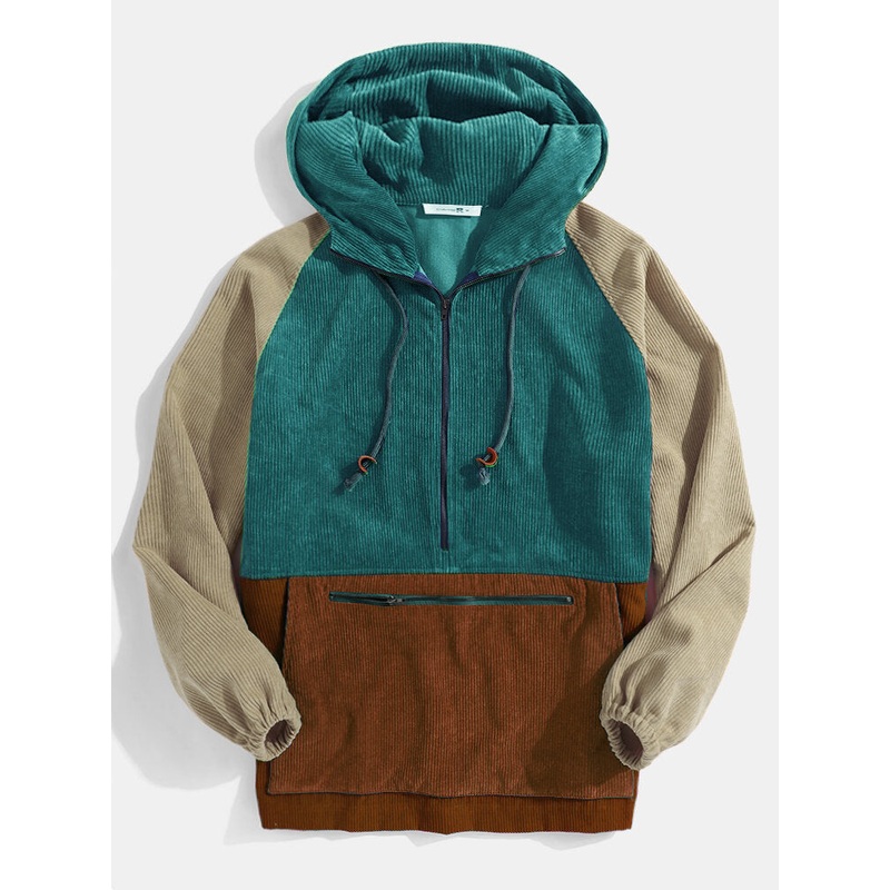 Mens Vintage Corduroy Half Zipper Front Pocket Pullover Hoodies