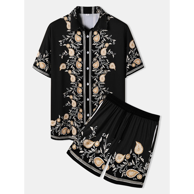 Mens Vintage Plant Print Button Up Short Two Pieces Outfits