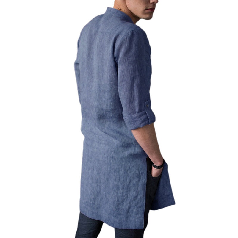Mens Vintage Stand Collar Long Sleeve Mid Long Casual Shirts