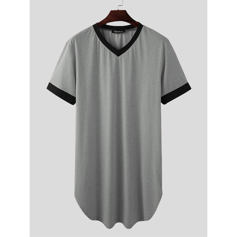 Mens Vintage V Neck Breathable Light Solid Color Mid Long Casual Shirts