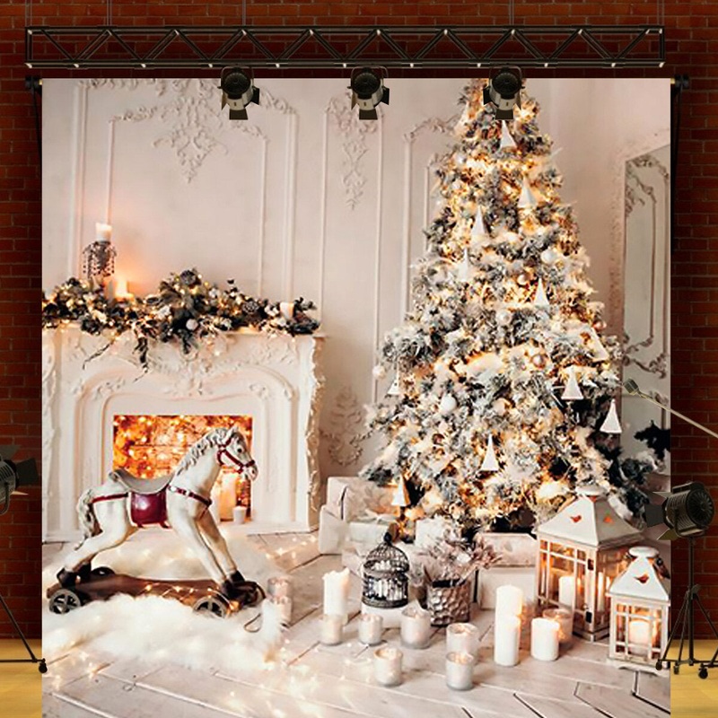 Gray Chic Wall Photo Background Fireplace Winter Christmas Tree Candle Gift Kid Toy Floor Party Photo Backdrop