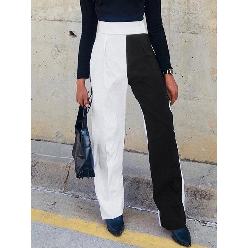Men Black & White Contrast Color Patchwork High Waist Wide-leg Pants