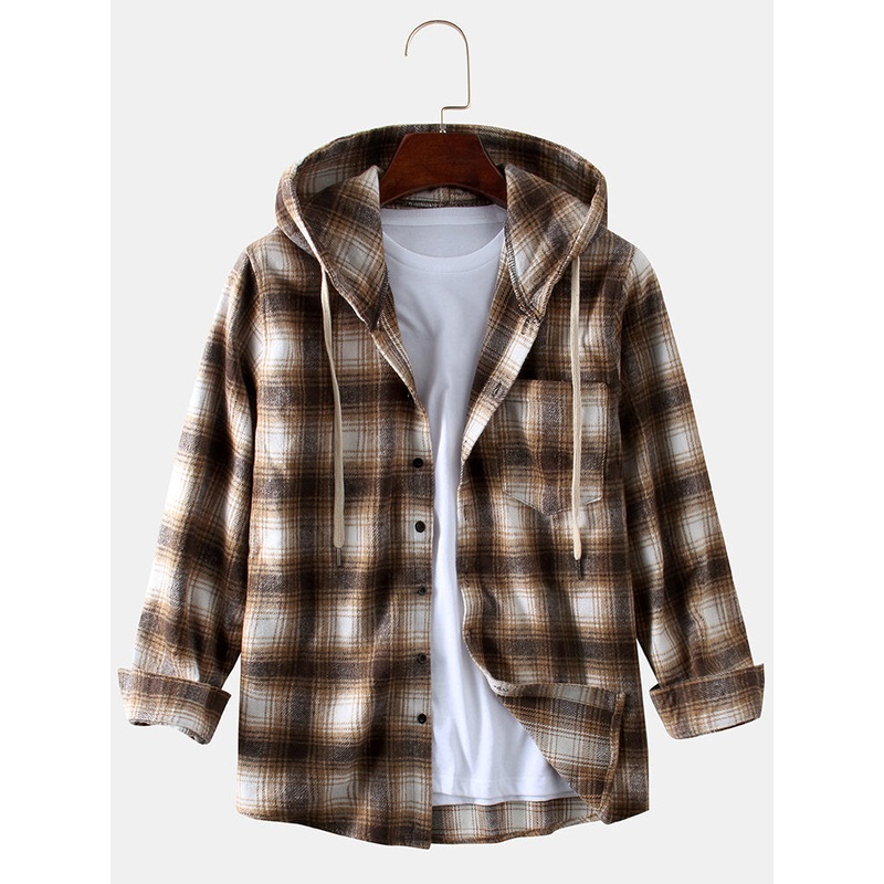 Men’s New Fashion Plaid Printing Loose Sanding Hooded Long-sleeved Shirts Coats