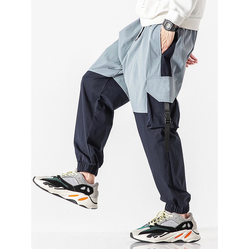Mens 100% Cotton Contrasting Color Stitching Snap Pocket Cargo Jogger Pants