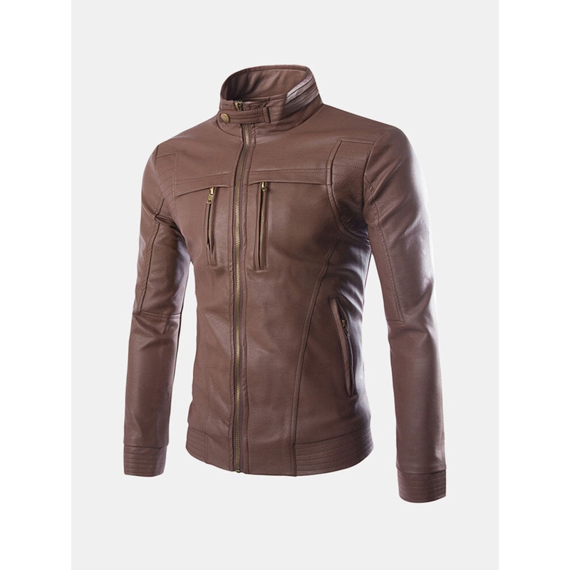 Mens Chest Zipper Stand Collar Casual Black Biker Faux Leather Jacket