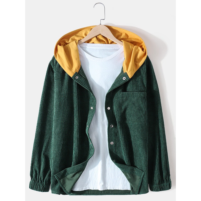 Mens Corduroy Snap Button Casual Elastic Cuff Hooded Jacket With Pocket