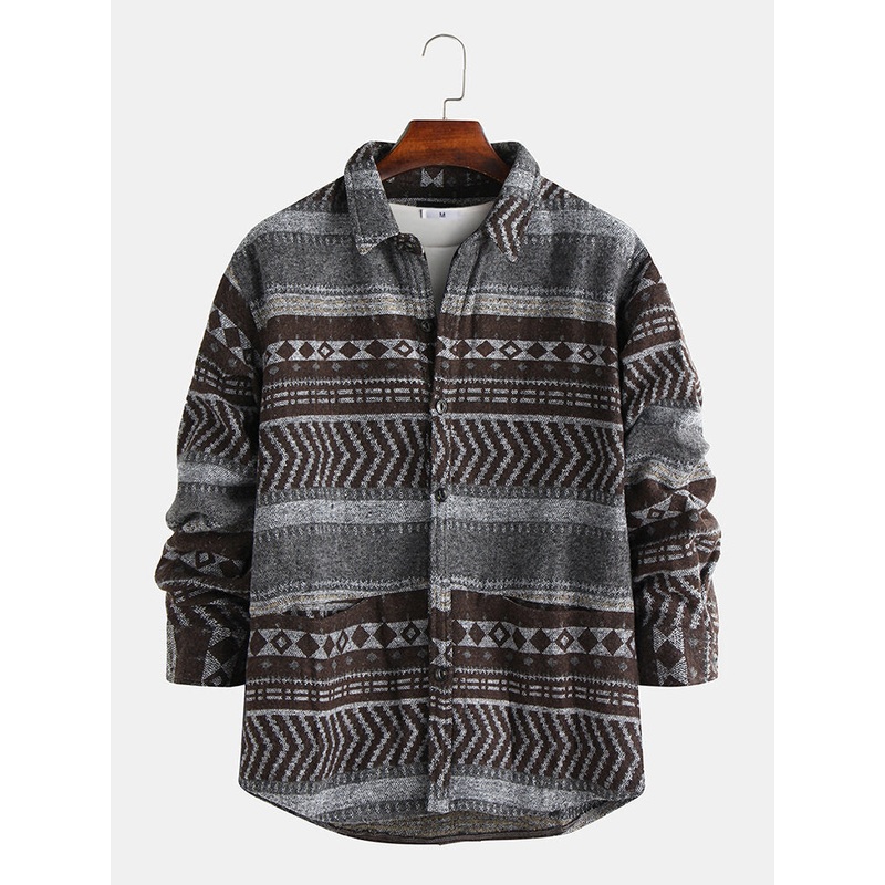 Mens Fashion Cotton Stripe Double Pockets Thickened Casual Jacket