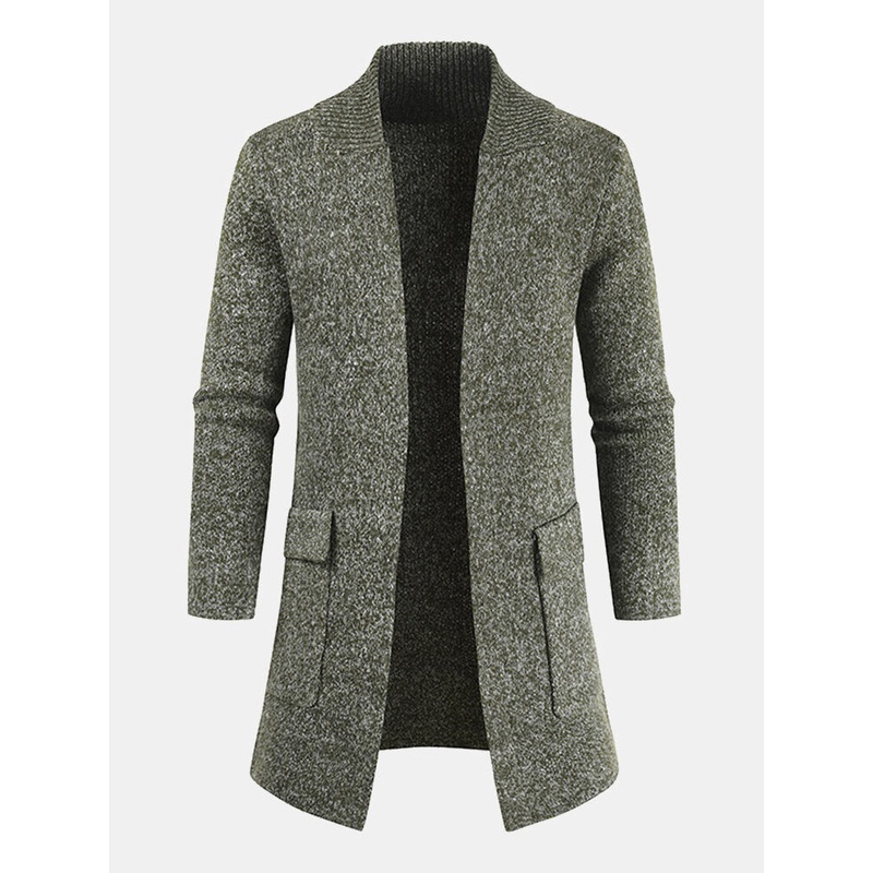 Mens Knitted Plain Long Sleeve Mid-Length Casual Sweater Cardigan With Pocket