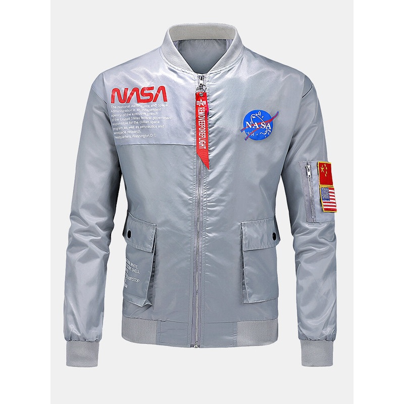 Mens Letter Print Flap Pocket Stand Collar Casual Bomber Jacket