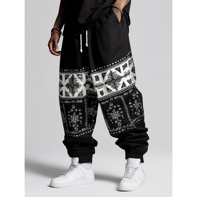 Mens Monochrome Ethnic Floral Print Drawstring Waist Loose Pants