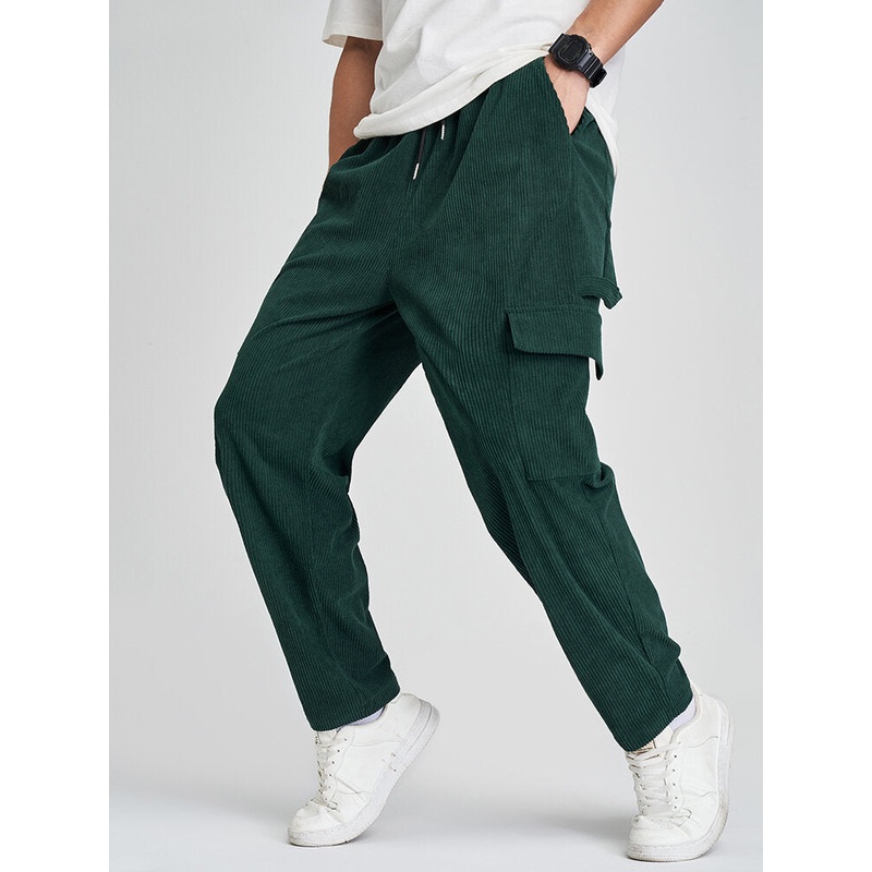 Mens Pure Color Flap Pocket Corduroy Drawstring Cargo Pants