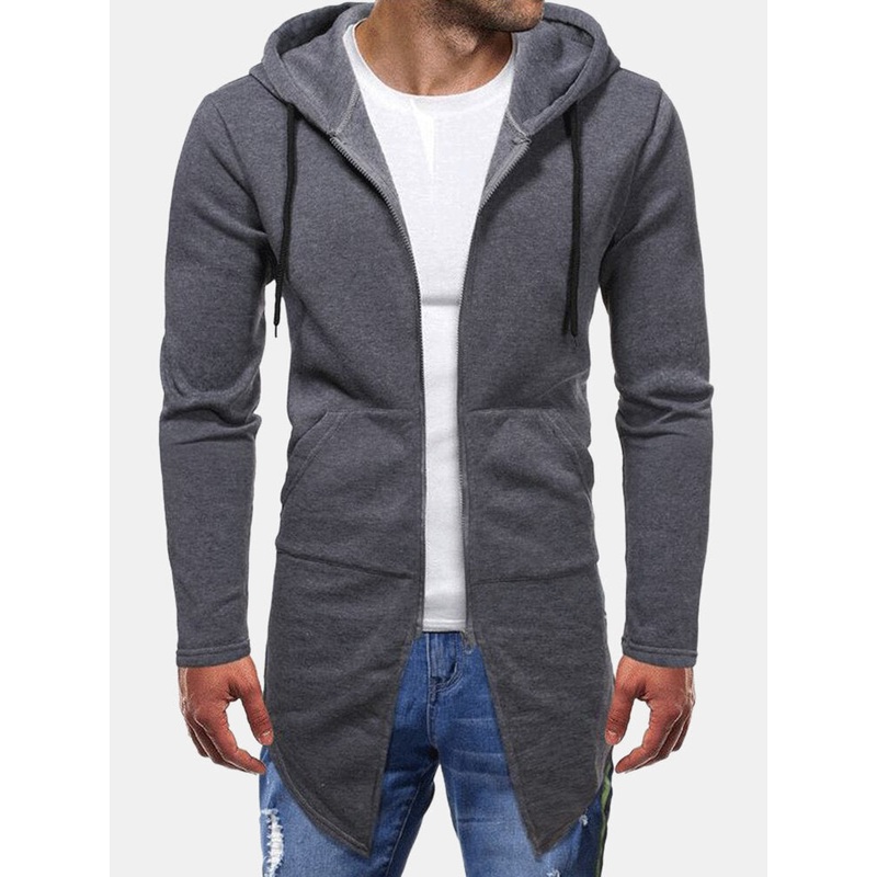 Mens Solid Color Curved Split Hem Zipper Mid-Length Casual Jacket
