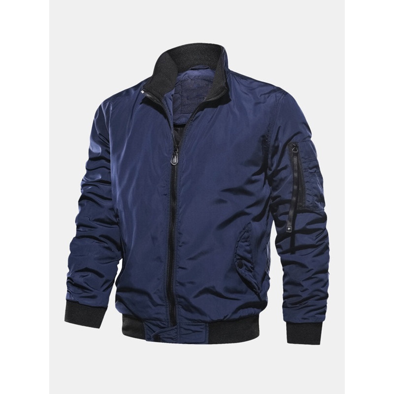Mens Solid Color Zipper Side Pocket Windproof Bomber Jacket