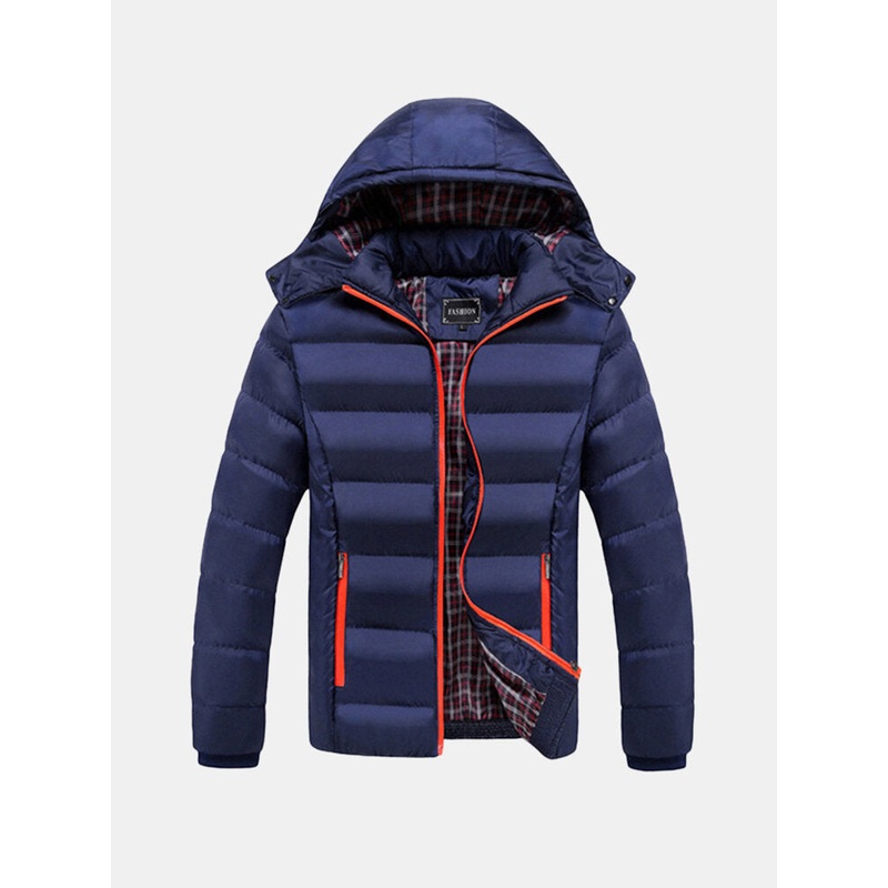 Mens Thick Solid Color Winter Hooded Deatchable Coat Slim Warm Jacket