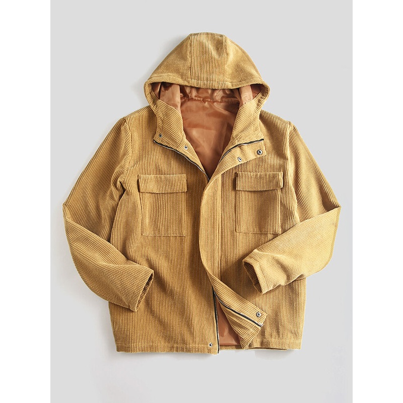 Mens Vintage Corduroy Hooded Practical Pockets Long Sleeve Casual Jacket