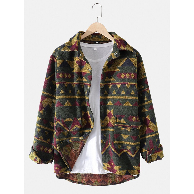 Mens Vintage Geometric Pattern Snap Button Cotton Double Pocket Overshirt
