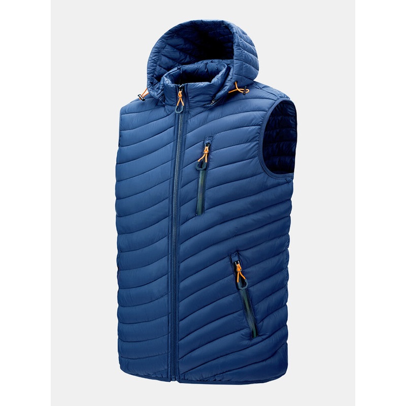Mens Zip Front Quilted Casual Padded Detachable Hooded Vests With Pocket