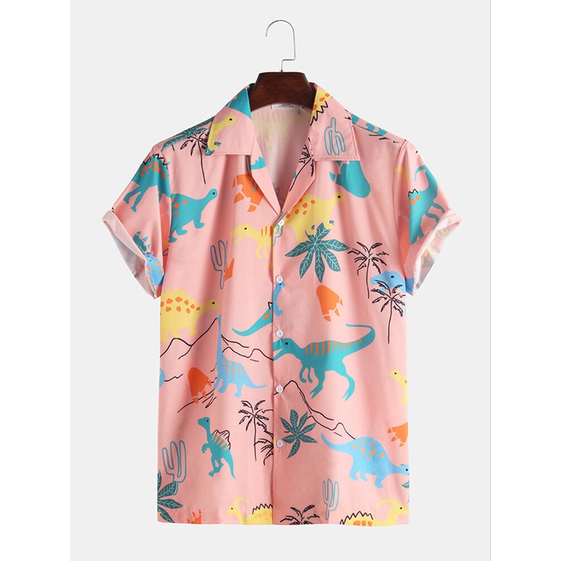 Cartoon Dinosaur Animal Printed Short Sleeve Casual Shirts
