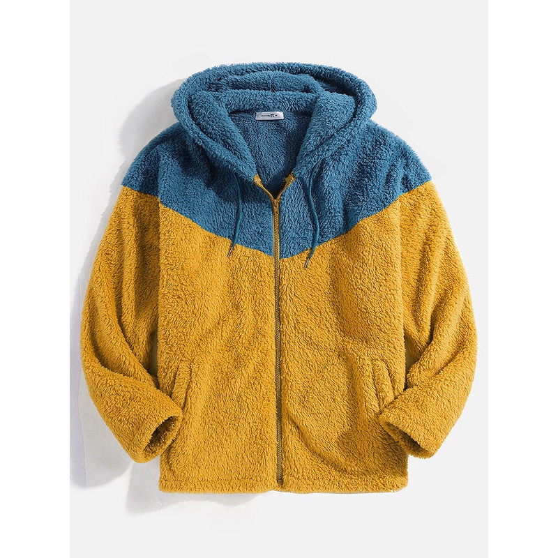 Contrast Patchwork Zipper Long Sleeve Hoodie Fluffy Jacket With Pocket