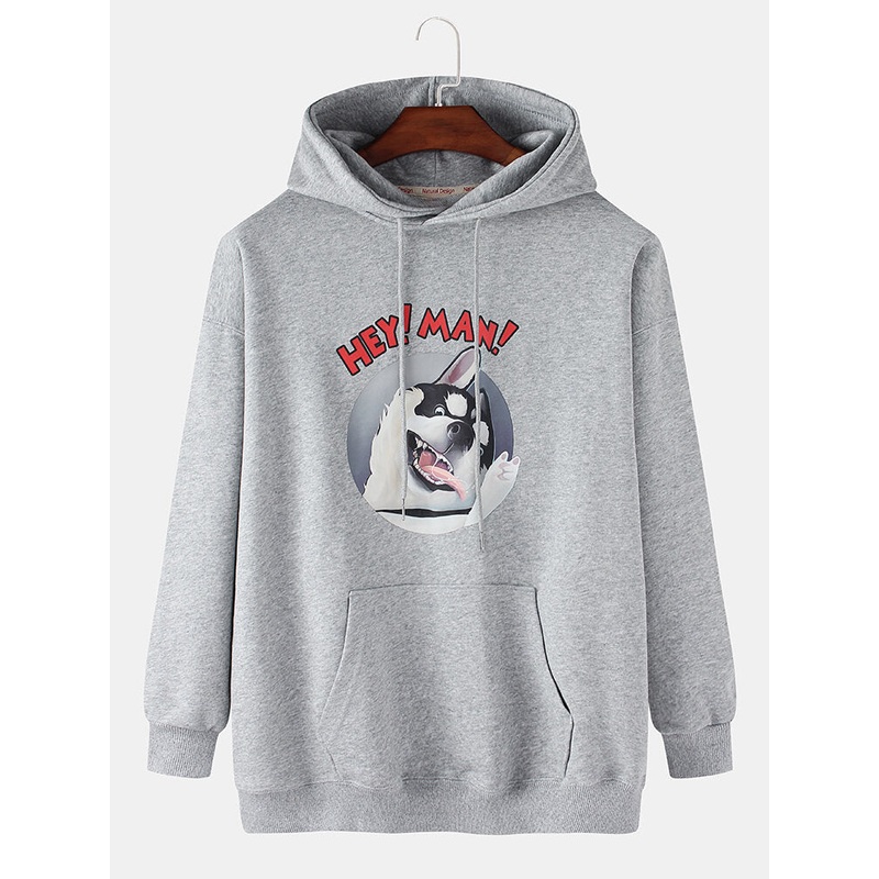 Cotton Cute Cartoon Dog Pattern Letter Print Pocket Drop Shoulder Drawstring Hoodies For Men