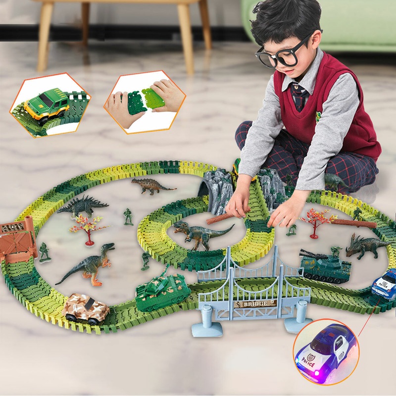 Dinosaur Track Car DIY Assembled Building Block Scene Electric Track Racing Science Education Children’s Toys