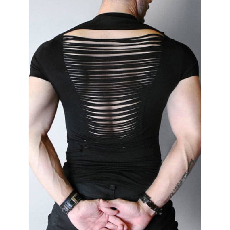 Men Back Cutout Casual Short Sleeve T-Shirt