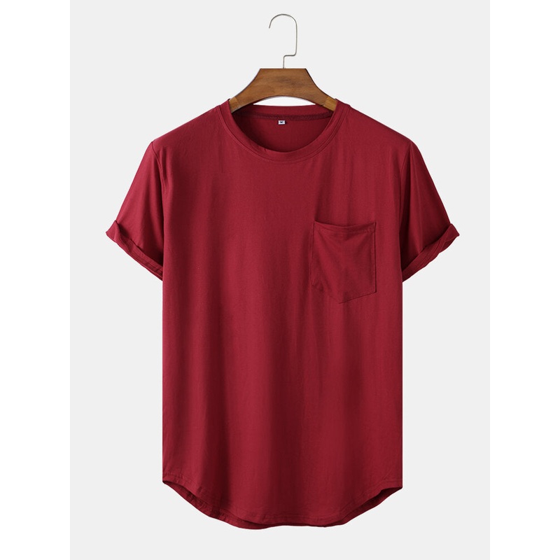 Men Casual Loose Solid Color Patchwork Pocket Crew Neck Short Sleeve T-Shirts