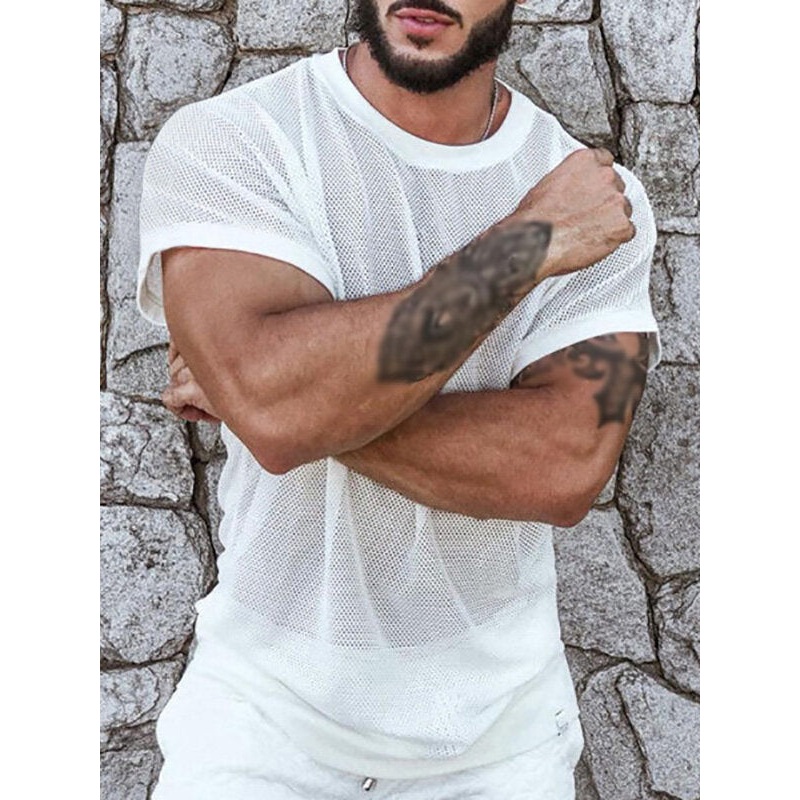 Men Casual Mesh See Through Crew Neck Short Sleeve T-Shirt