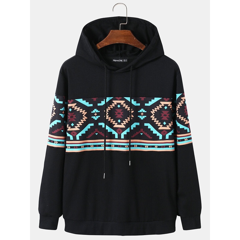 Men Ethnic Lattice Drawstring Long Sleeve Casual Hooded Sweatshirt