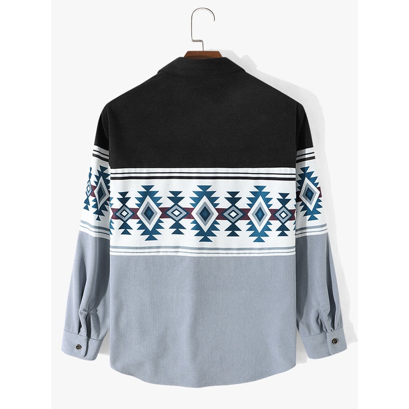 Men Ethnic Printed Patchwork Long Sleeve Front Buttons Shirts