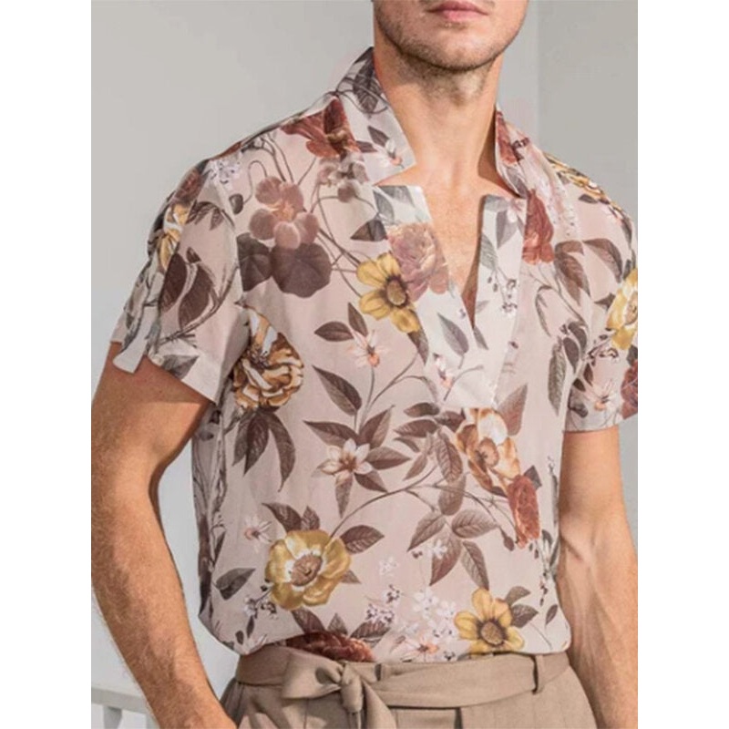 Men Floral Print Semi Transparent V-Neck Short Sleeve Shirt