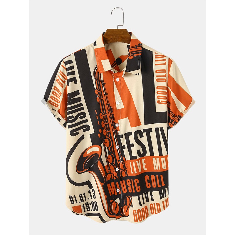 Men Letter Musical Instrument Print Lapel Short Sleeve Shirts