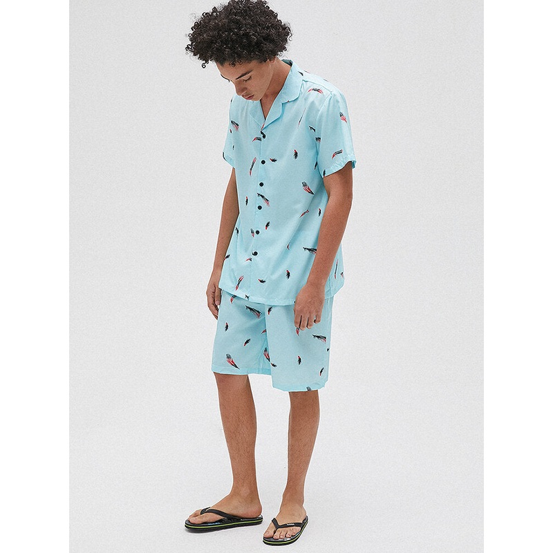 Men Revere Collar Feather Print Short Sleeve Shorts Two Piece Pajama Set Loose Sleepwear