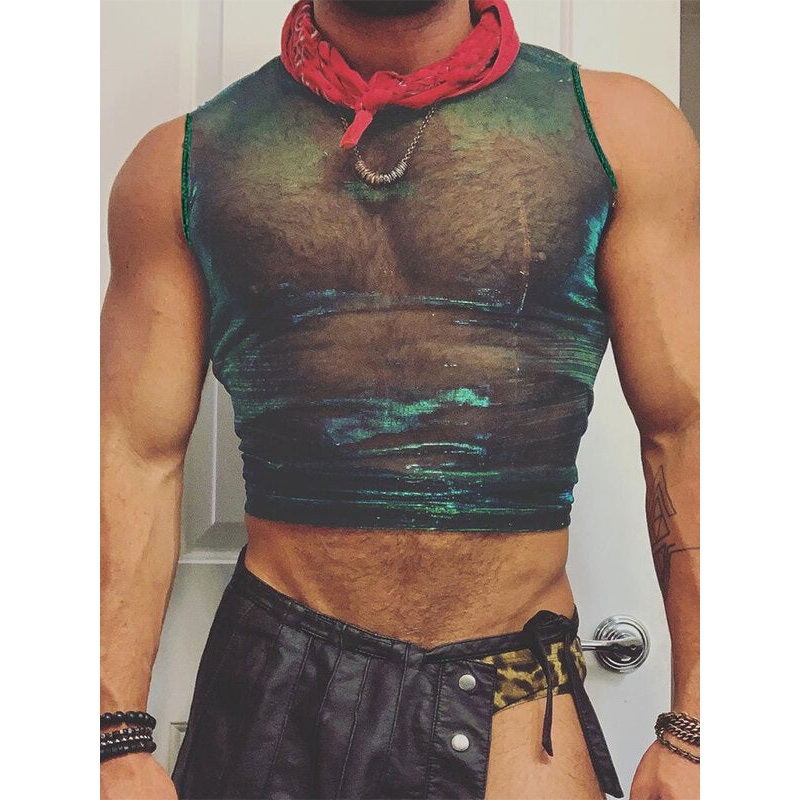 Men Sheer Mesh See Through Shiny Coating Shimmer Crop Tank Top