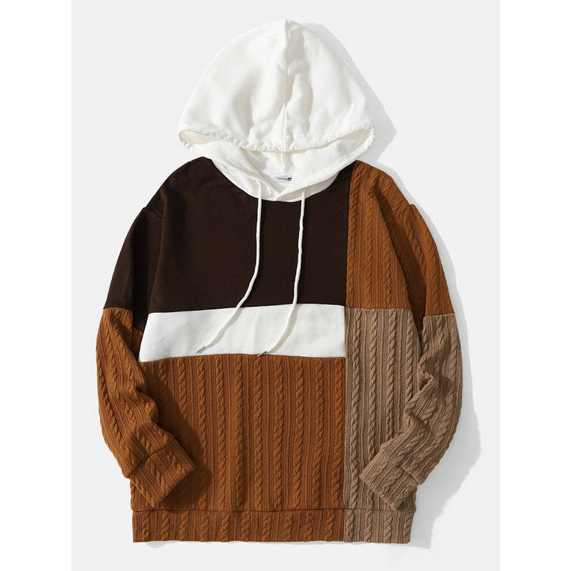 Men Splicing Cable Knitted Color Block Drawstring Pullover Hooded Sweatshirt