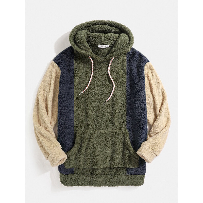 Men Teddy Patchwork Color Block Drawstring Casual Hooded Sweatshirt