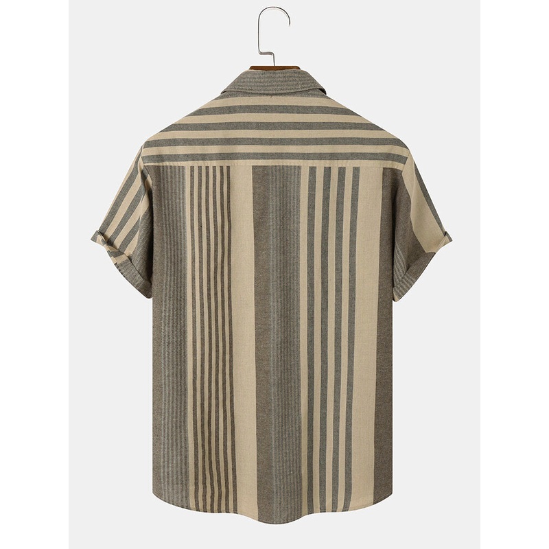 Mens 100%Cotton Asymmetric Striped Print All Matched Shirts