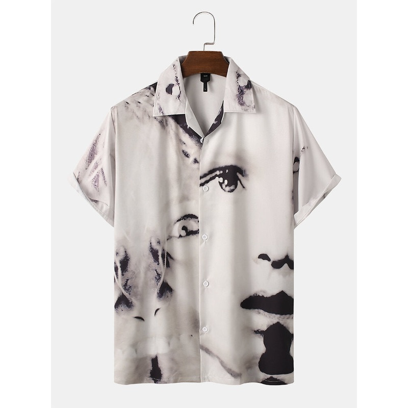 Mens All Over Figure Face Print Revere Collar Vintage Short Sleeve Shirts