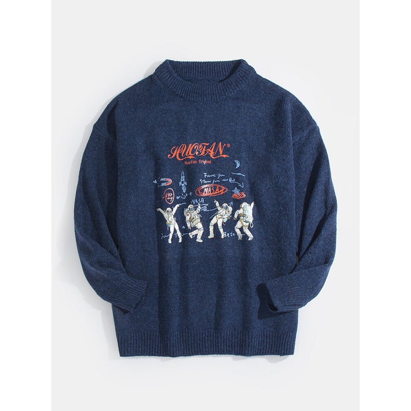 Mens Astronaut Letter Print Crew Neck Knit Casual Pullover Sweaters