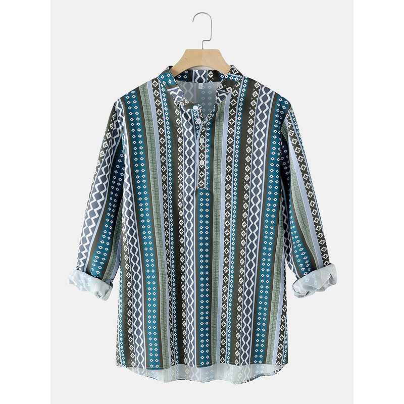 Mens Bohemian Cuba Style Holiday Henley Retro Shirt