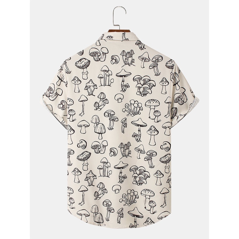 Mens Cartoon Mushroom Print Lapel Short Sleeve Shirt