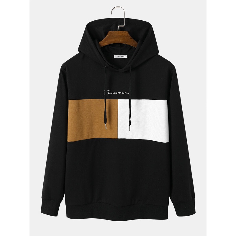Mens Casual Drawstring Letter Color Block Hoodies