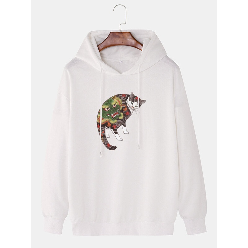 Mens Cat Graphic Printed Cotton Drop Sleeve Casual Drawstring Hoodies
