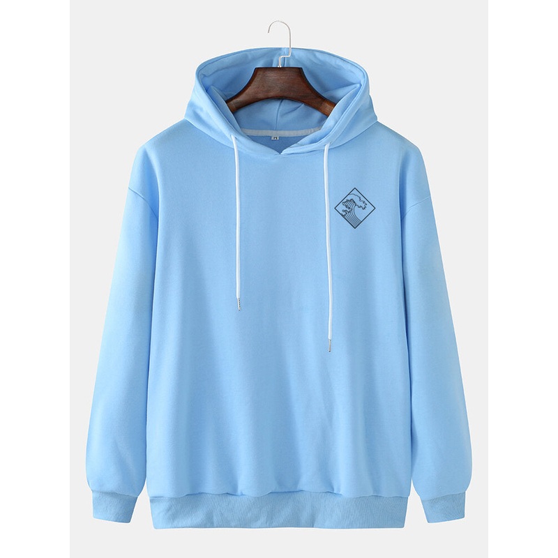 Mens Chest Wave Print Drop Shoulder Simple Long Sleeve Hoodies