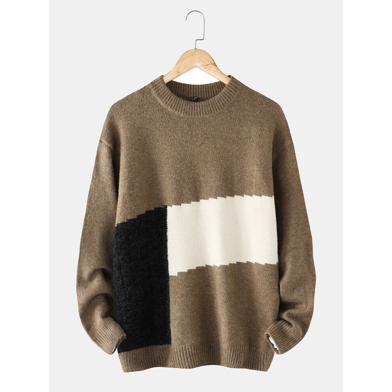 Mens Color Block Patchwork Crew Neck Knit Pullover Casual Sweaters
