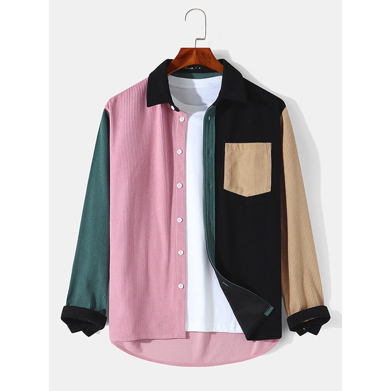 Mens Color Block Stitching Corduroy Long Sleeve Shirts With Pocket