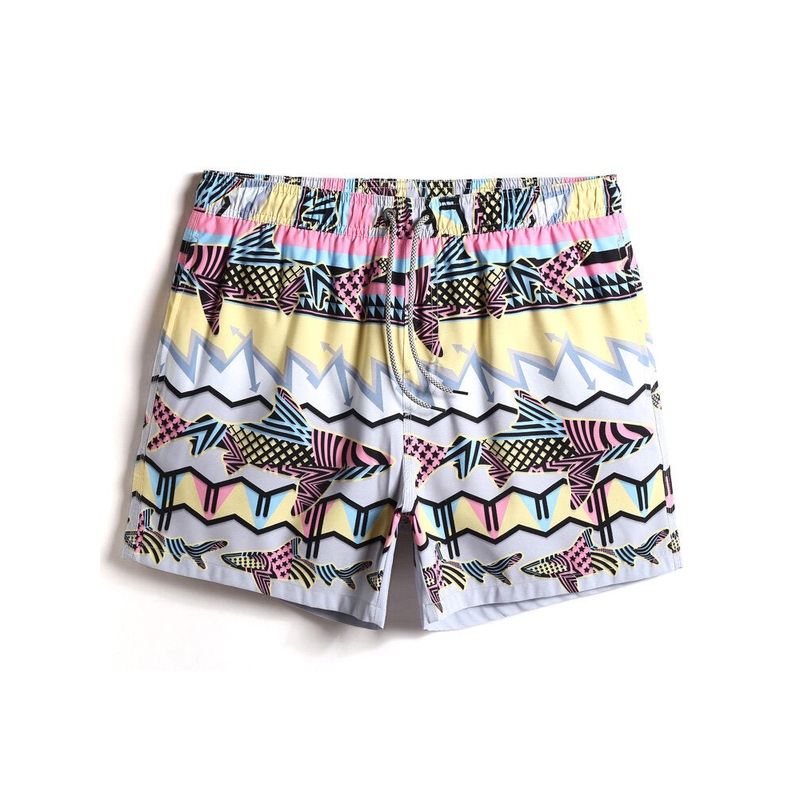 Mens Colorful Fish Print Quick-Drying Drawstring Waist Beach Shorts