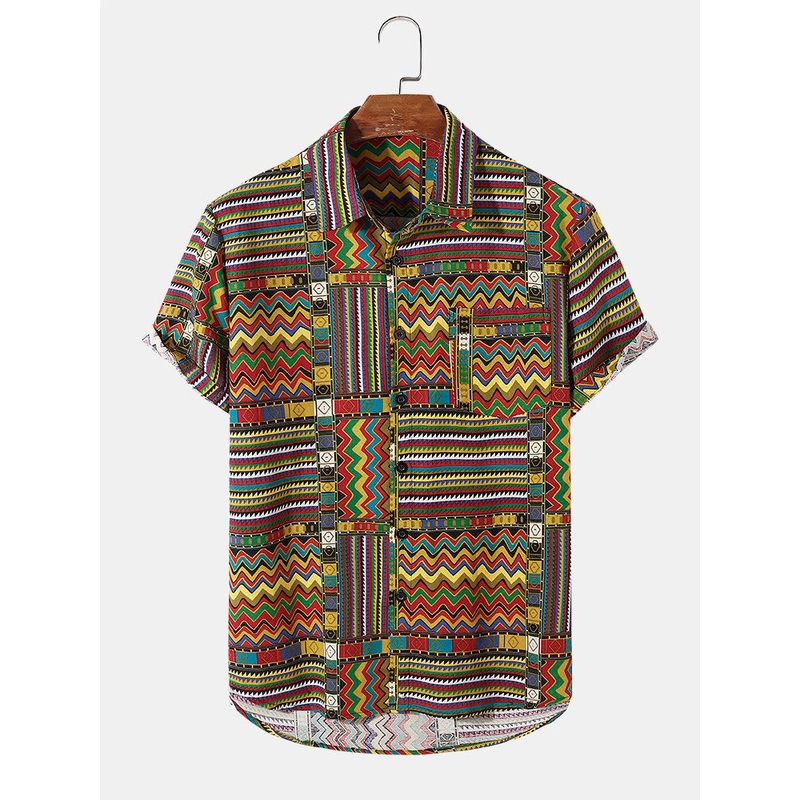 Mens Colorful Geometry Pattern Lapel Short Sleeve Tribal Shirt