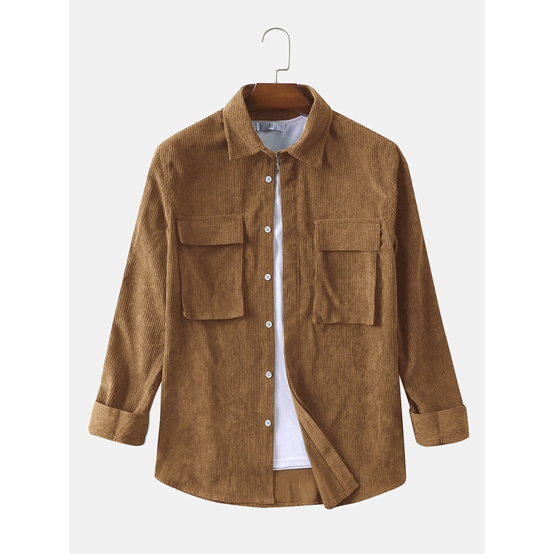 Mens Corduroy Cotton Dual Pockets Cargo Vintage Shirts