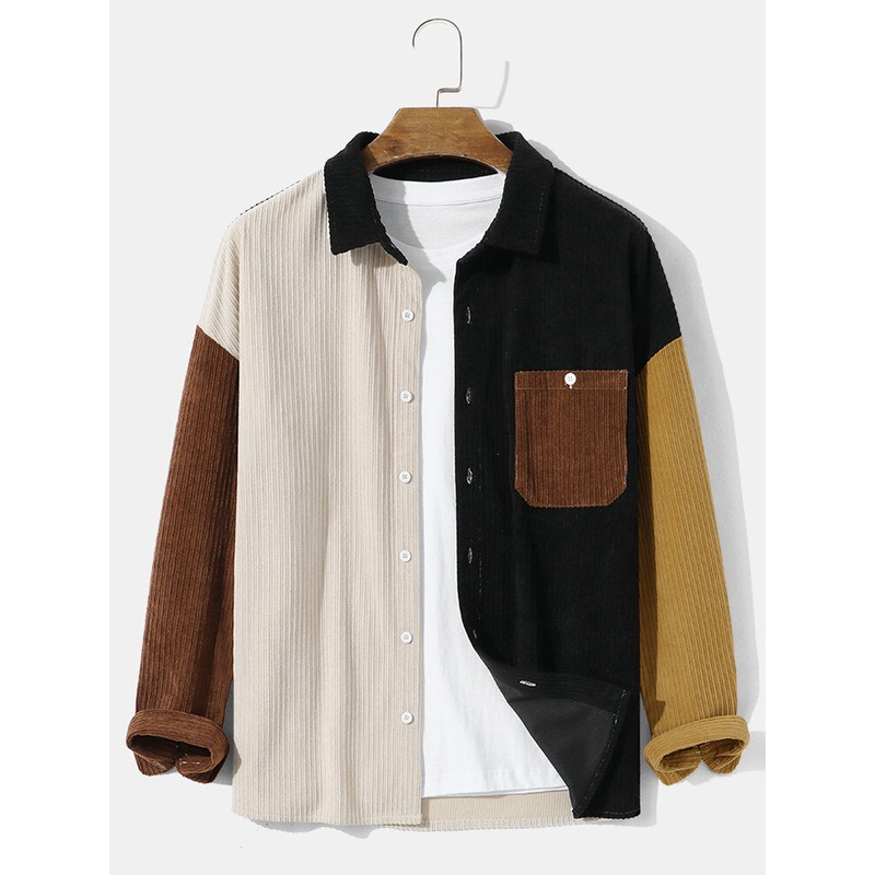 Mens Corduroy Patchwork Button Pocket Loose Long Sleeve Shirts